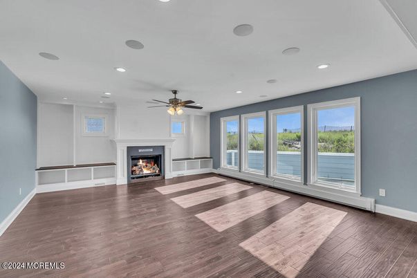 Empty room, Fireplace, Interior, Recessed Lighting, Wood Texture Flooring