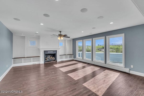 Empty room, Fireplace, Interior, Recessed Lighting, Wood Texture Flooring