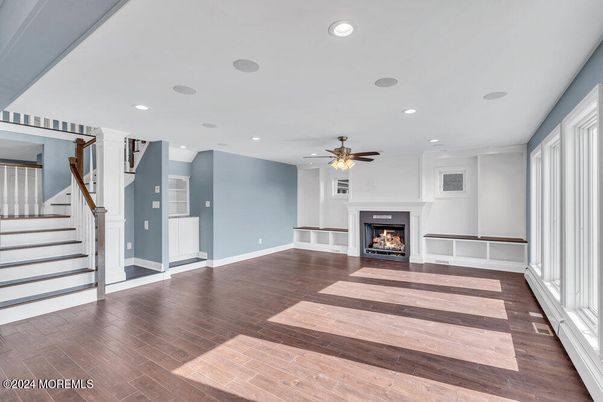 Empty room, Fireplace, Interior, Recessed Lighting, Wood Texture Flooring