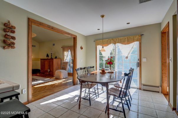 Dining room, Interior, Pendant Lights, Recessed Lighting, Wood Texture Flooring