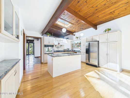 Interior, Kitchen, Pendant Lights, Stainless Steel Appliances, Wooden Beams, Wooden Ceilings, Wood Texture Flooring
