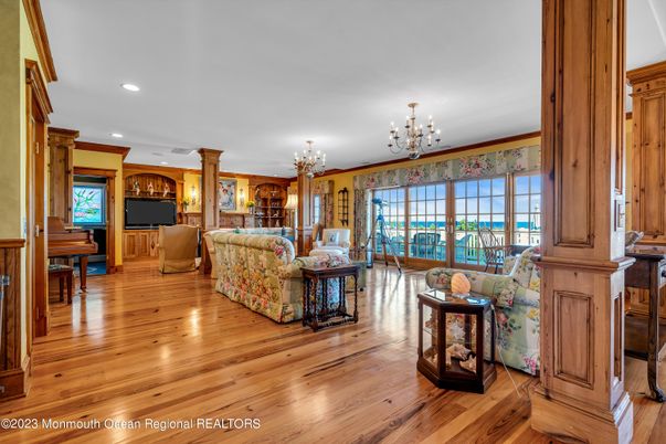 Chandelier, Interior, Living room, Recessed Lighting, Wood Texture Flooring