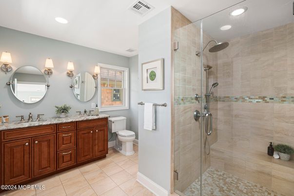 Bathroom, Dual Sink Vanities, Glass Shower, Interior, Recessed Lighting
