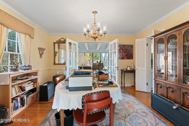 Chandelier, Home Office, Interior, Wood Texture Flooring