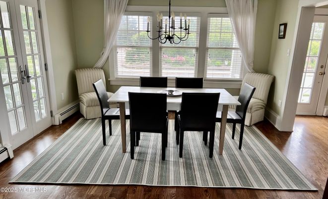 Chandelier, Dining room, Interior, Wood Texture Flooring