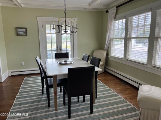 Chandelier, Dining room, Interior, Wood Texture Flooring