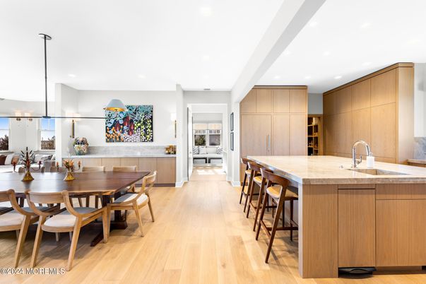 Dining room, Interior, Kitchen, Pendant Lights, Recessed Lighting, Wood Texture Flooring