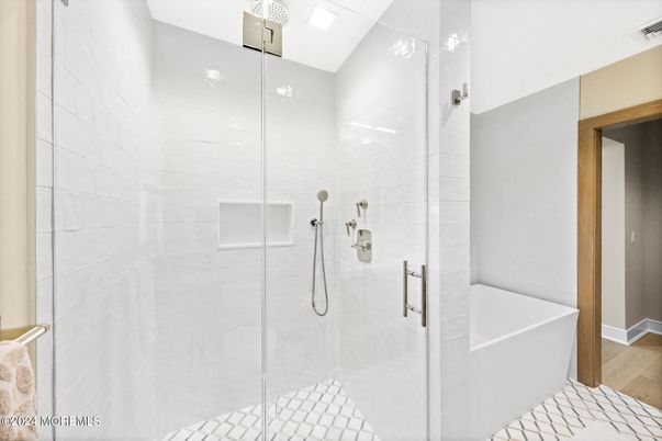 Bathroom, Glass Shower, Interior, Wood Texture Flooring