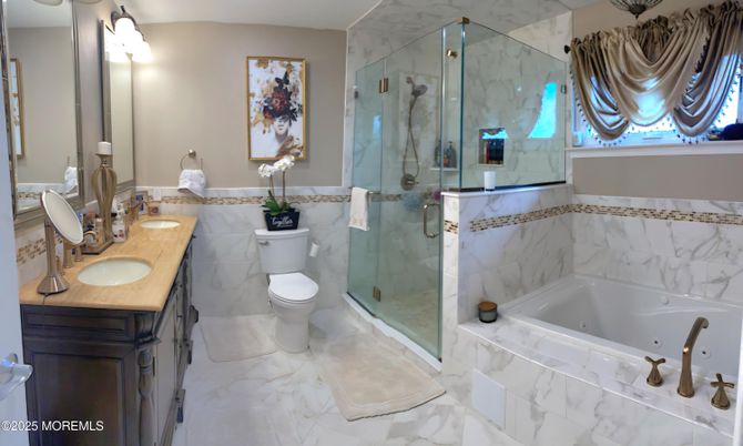 Bathroom, Dual Sink Vanities, Glass Shower, Interior, Marble, Marble Walls