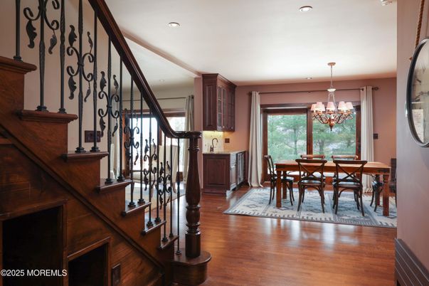 Chandelier, Dining room, Interior, Recessed Lighting, Wood Texture Flooring