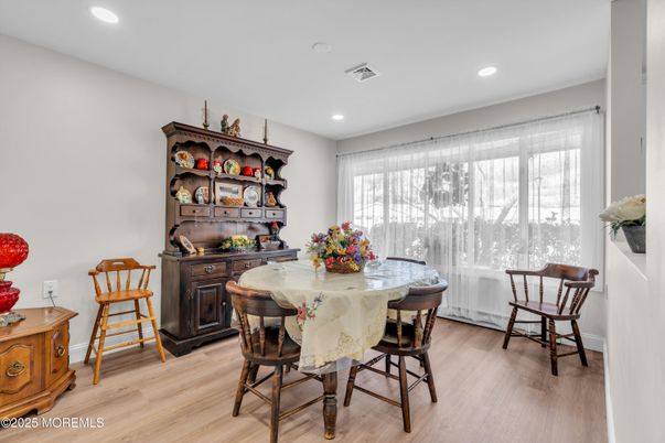 Dining room, Interior, Recessed Lighting, Wood Texture Flooring