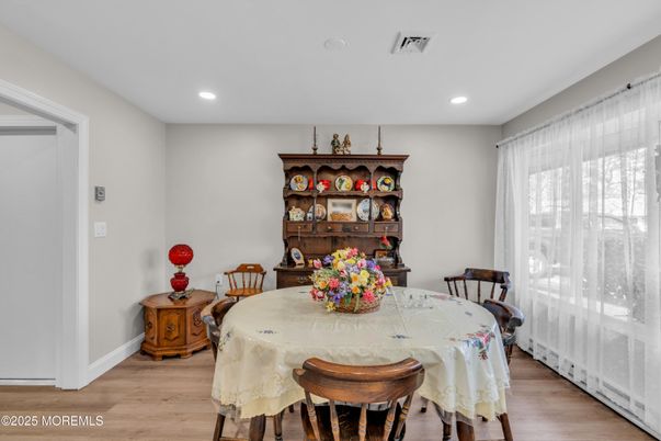 Dining room, Interior, Recessed Lighting, Wood Texture Flooring