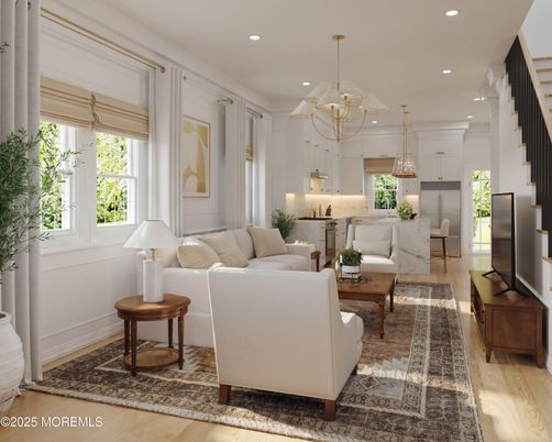 Chandelier, Interior, Kitchen, Living room, Pendant Lights, Recessed Lighting, Wood Texture Flooring