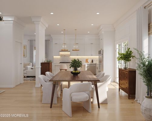 Dining room, Interior, Kitchen, Pendant Lights, Recessed Lighting, Stainless Steel Appliances, Wood Texture Flooring