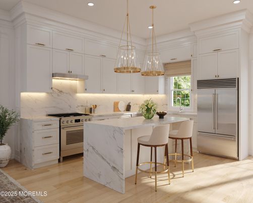 Interior, Kitchen, Marble Walls, Pendant Lights, Recessed Lighting, Stainless Steel Appliances, Wood Texture Flooring
