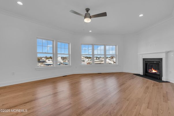 Empty room, Fireplace, Interior, Recessed Lighting, Wood Texture Flooring