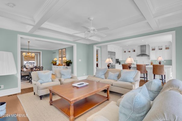 Chandelier, Dining room, Interior, Kitchen, Living room, Pendant Lights, Recessed Lighting, Wood Texture Flooring