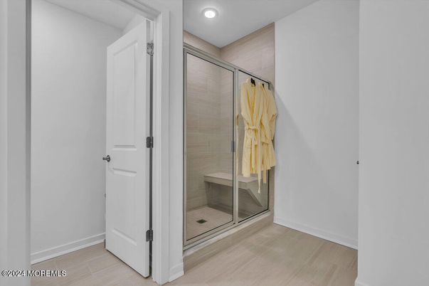 Bathroom, Glass Shower, Interior, Recessed Lighting, Wood Texture Flooring