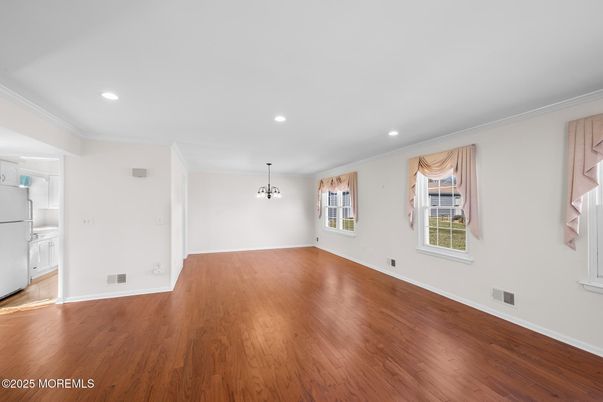 Chandelier, Empty room, Interior, Kitchen, Recessed Lighting, Wood Texture Flooring