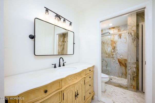 Bathroom, Glass Shower, Interior, Marble, Marble Walls, Recessed Lighting