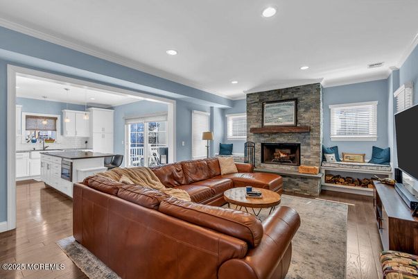 Fireplace, Interior, Kitchen, Living room, Pendant Lights, Recessed Lighting, Stone Walls, Wood Texture Flooring