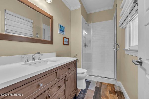Bathroom, Glass Shower, Interior, Wood Texture Flooring