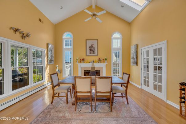 Dining room, Fireplace, Interior, Wood Texture Flooring