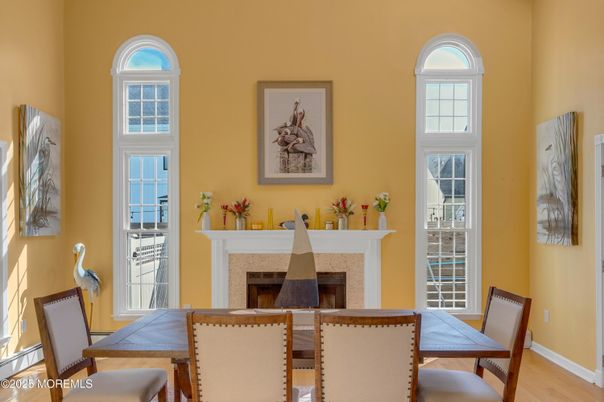 Dining room, Fireplace, Interior, Wood Texture Flooring