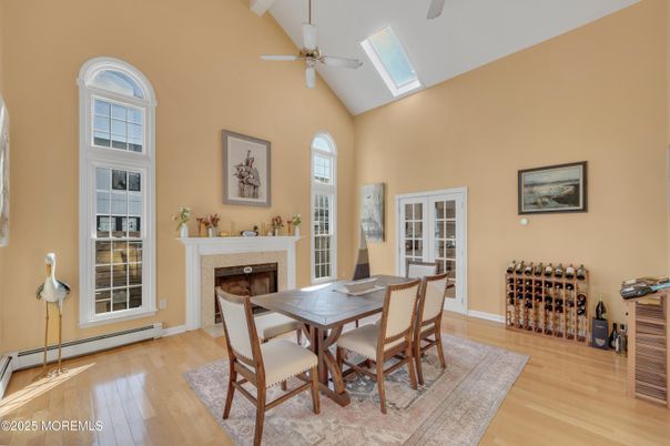 Dining room, Fireplace, Interior, Wood Texture Flooring