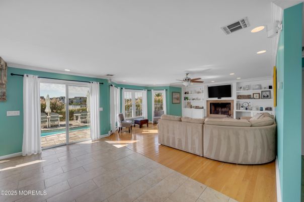 Fireplace, Interior, Living room, Recessed Lighting, Wood Texture Flooring