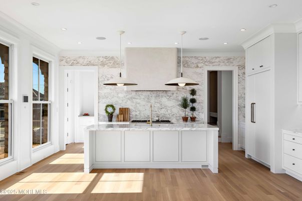 Interior, Kitchen, Marble Walls, Pendant Lights, Recessed Lighting, Wood Texture Flooring