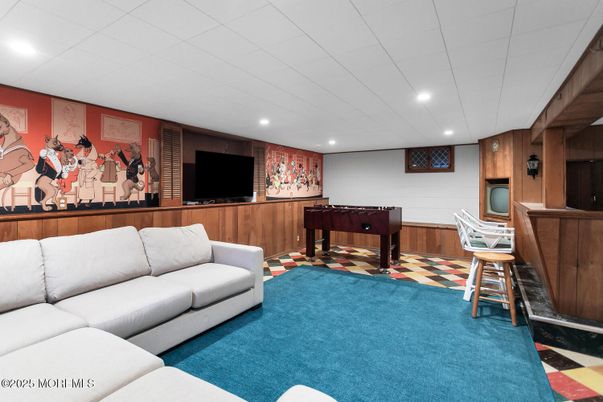 Billiard Table, Game Room, Interior, Living room, Recessed Lighting, Wooden Walls