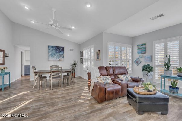 Dining room, Interior, Living room, Recessed Lighting, Wood Texture Flooring