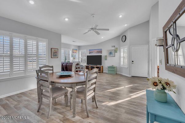 Dining room, Interior, Recessed Lighting, Wood Texture Flooring