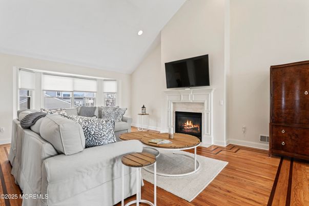 Fireplace, Interior, Living room, Recessed Lighting, Wood Texture Flooring