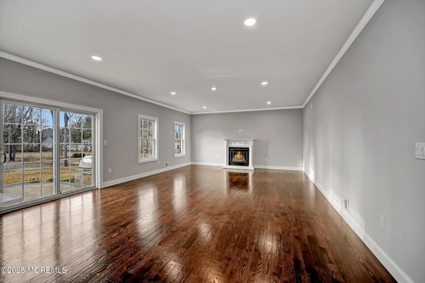 Empty room, Fireplace, Interior, Recessed Lighting, Wood Texture Flooring