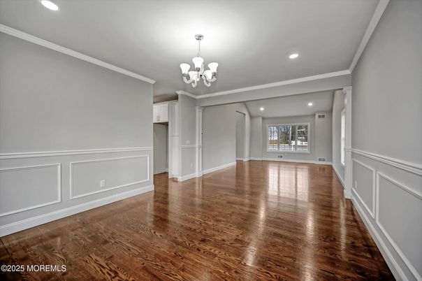 Chandelier, Empty room, Interior, Recessed Lighting, Wood Texture Flooring