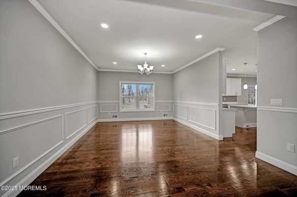 Chandelier, Empty room, Interior, Pendant Lights, Recessed Lighting, Wood Texture Flooring