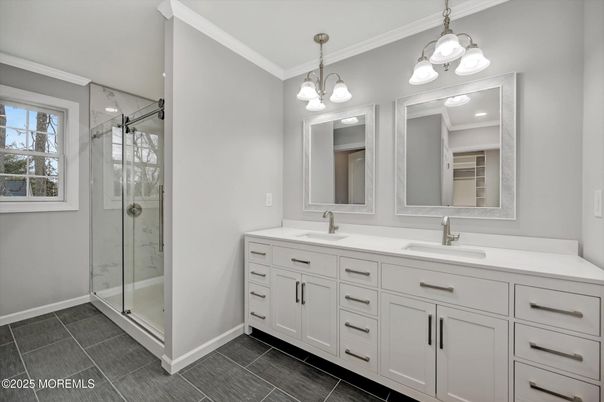 Bathroom, Dual Sink Vanities, Glass Shower, Interior, Pendant Lights