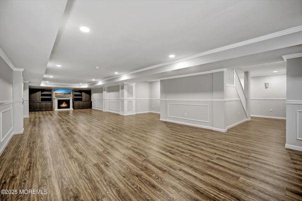 Empty room, Fireplace, Interior, Recessed Lighting, Wood Texture Flooring