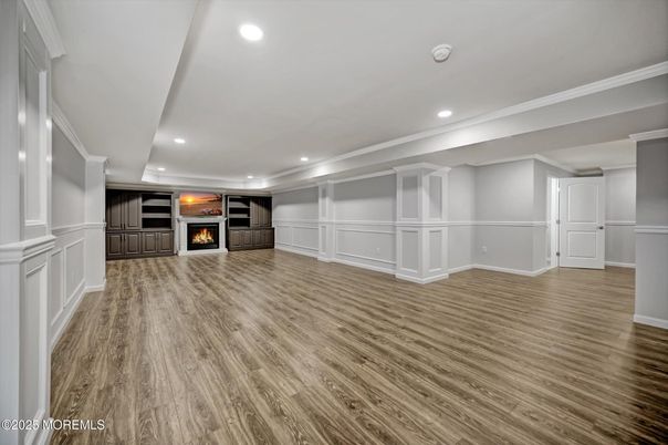 Empty room, Fireplace, Interior, Recessed Lighting, Wood Texture Flooring