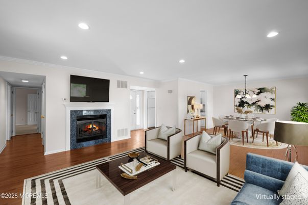 Dining room, Fireplace, Interior, Living room, Pendant Lights, Recessed Lighting, Wood Texture Flooring