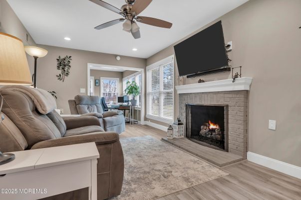 Fireplace, Interior, Living room, Recessed Lighting, Wood Texture Flooring