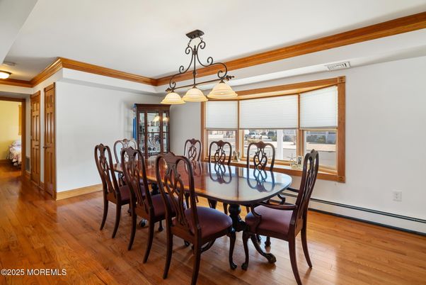 Dining room, Interior, Pendant Lights, Wood Texture Flooring