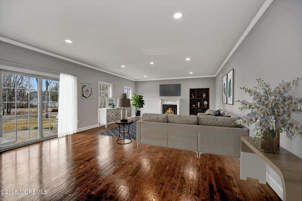Fireplace, Interior, Living room, Recessed Lighting, Wood Texture Flooring