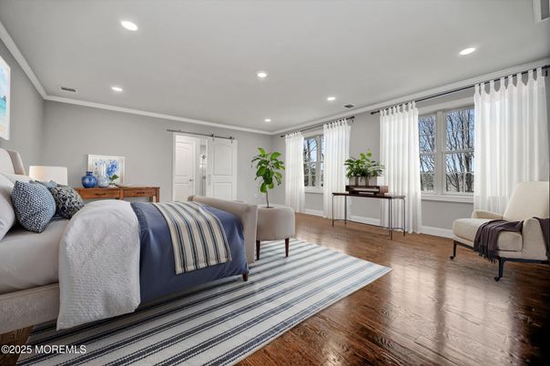 Bedroom, Interior, Recessed Lighting, Wood Texture Flooring