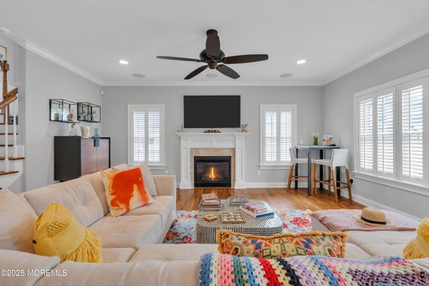 Fireplace, Interior, Living room, Recessed Lighting, Wood Texture Flooring