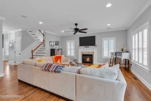 Fireplace, Interior, Living room, Recessed Lighting, Wood Texture Flooring