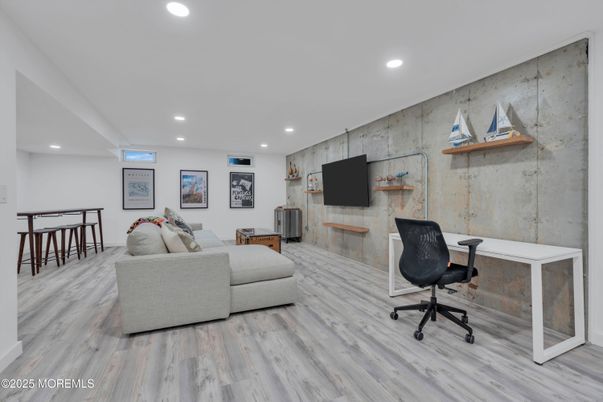 Home Office, Interior, Living room, Recessed Lighting, Wood Texture Flooring