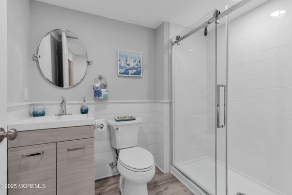 Bathroom, Glass Shower, Interior, Wood Texture Flooring